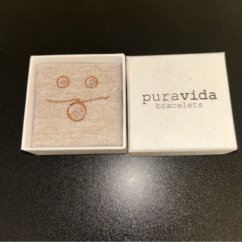 Pura Vida Pave Wave Necklace and Earring Set in Rose Gold NEW Boxed - Picture 3 of 5